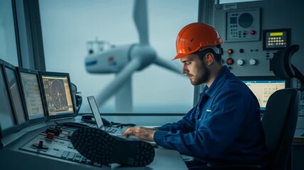 Focused Technician Monitoring Wind Turbine in Control Room - Powered by Adobe