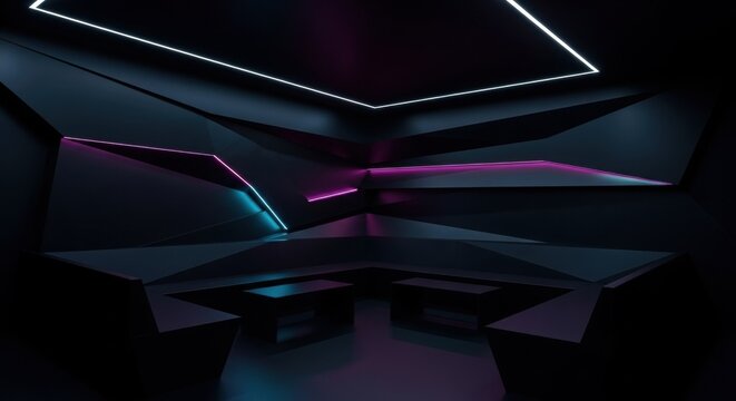 A dark, futuristic room with angular walls illuminated by vibrant neon lights. - Powered by Adobe