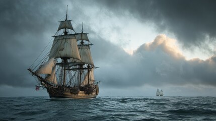 Fototapeta premium Majestic Tall Ship Sailing on a Dramatic Sea