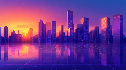 Colorful Sunrise Over a Cityscape Reflected in Calm Waters