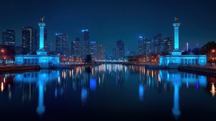 Naklejka premium Night Cityscape Reflection: Chicago's Stunning Skyline at Dusk