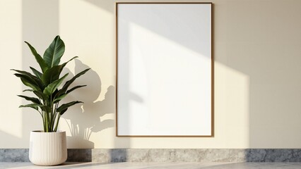 Minimal Poster Frame Mockup on Beige Wall with Indoor Plant in Natural Sunlight for Home Decor, Branding Presentation, and Interior Design Template with Scandinavian Aesthetic
