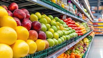 Colorful fresh fruits display on supermarket shelves