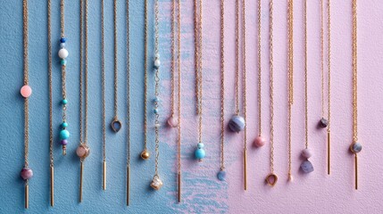 Abstract pattern of necklaces hanging vertically against pastel backdrop