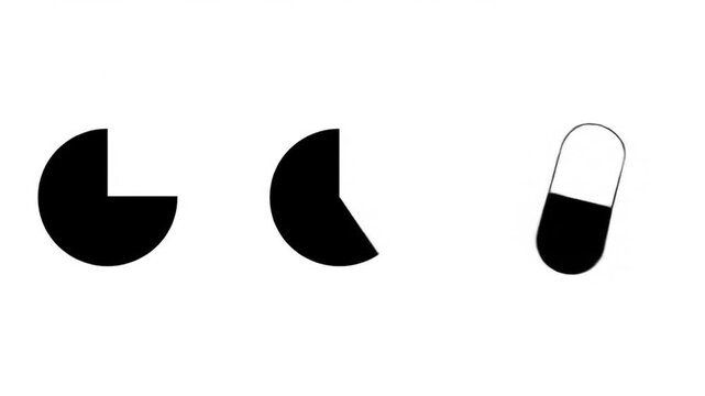 Abstract composition featuring two black pie chart segments and a tilted pill shape, all on a stark white background