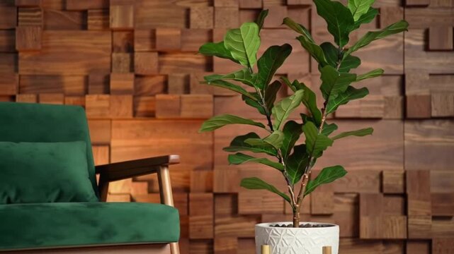 Modern interior design with green velvet chair and fiddle leaf fig tree