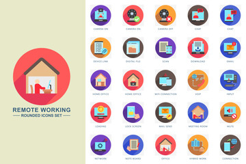 Remote working rounded color icons set. contain app camera on, chat, scan, download, email, home office, network, input and more. Vector for modern concept, print, UI, UX kit, web and app development.