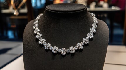 Crystal-embedded necklace displayed with symmetrical aesthetic on black paper