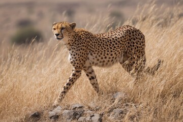 Naklejka premium Cheetah descending a slope in Serengeti Africa