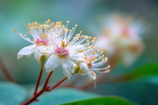 Detail shot of Chengam flower with a blurred natural backdrop for text space Selective focus