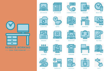 Remote working blue color icons set. contain app window, communication, badge id, workplace, keyboard, headset, mute and more. Vector for modern concept, print, UI, UX kit, web and app development.