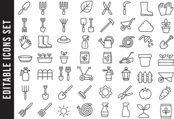 An Editable Set of Black and White Line Art Icons for Gardening Tools and Equipment