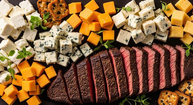 A topdown view of a sliced grilled steak served on a platter with assorted cheeses