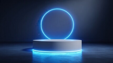Modern round empty platform podium stand for product presentation with glowing neon lighting. Futuristic blank mockup.