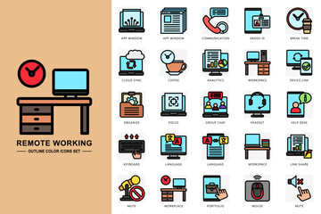 Remote working outline color icons set. contain app window, communication, badge id, workplace, keyboard, headset, mute and more. Vector for modern concept, print, UI, UX kit, web and app development.
