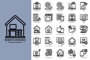 Remote working black outline icons set. contain app camera on, chat, scan, download, email, home office, network, input and more. Vector for modern concept, print, UI, UX kit, web and app development.
