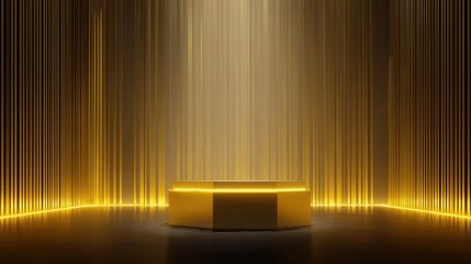 Luminous Gold Void: A hovering gold podium against a backdrop of vertical gold neon.