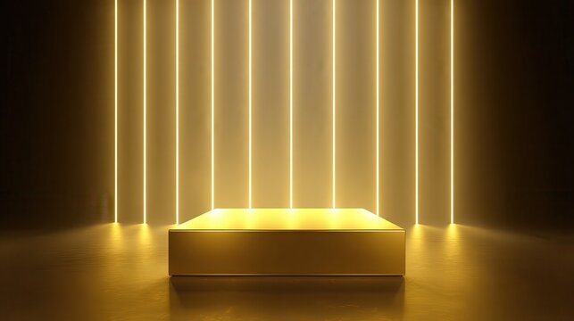 Vector Gold Display: An empty gold podium, seemingly weightless, is illuminated by an array of sharp, vertical gold neon beams within a stark, minimalist dark environment.