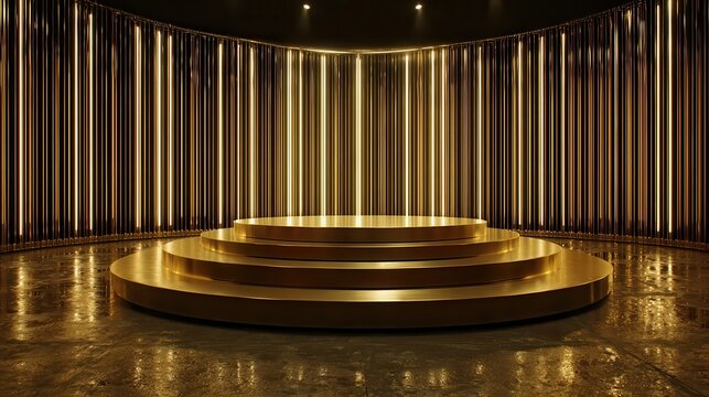 Golden Ascent Stage: An opulent, empty gold podium floats in a dark void, encircled by a radiant wall of vertical gold neon lamps, casting a luxurious glow.