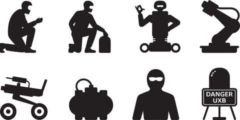 UXO Disposal Team Silhouette Icons Set Vector Illustration Featuring Bomb Squad and Robotic Arm