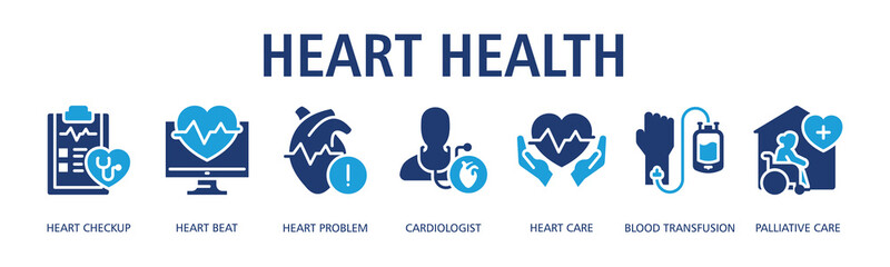 Heart Health Web Banner Glyph Dualtone icon vector illustration concept with icon of heart checkup, heart beat, heart problem, cardiologist, heart care, blood transfusion, palliative care