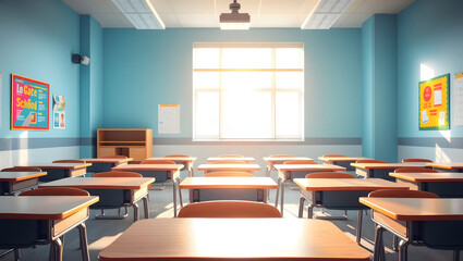 An empty school classroom interior with neat rows of desks and chairs, bathed in bright sunlight from the window.