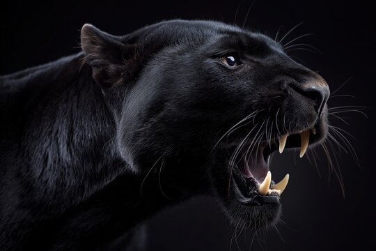 Black panther roaring in darkness, ultra-realistic close-up with sharp teeth and intense glare, studio lighting. Generative by AI