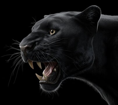 Black panther roaring in darkness, ultra-realistic close-up with sharp teeth and intense glare, studio lighting. Generative by AI