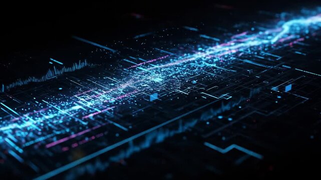 Abstract digital illustration featuring glowing blue and pink data lines and nodes on a dark background, resembling a circuit board