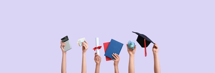 Female hands holding piggy bank, graduation hat, diploma, books, calculator and money on grey...