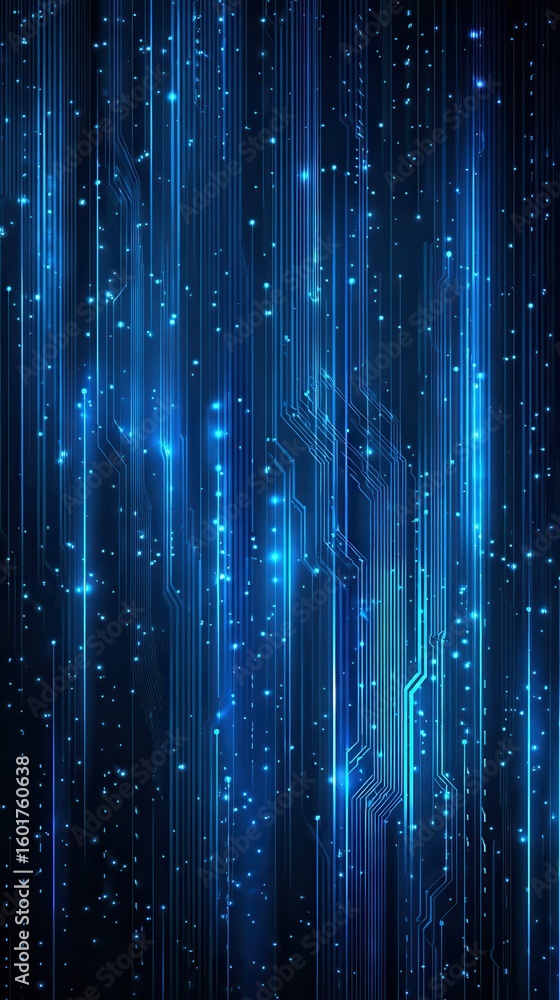Poster vibrant blue tech abstract background with glowing lines, dots. dynamic circuit board pattern for cy