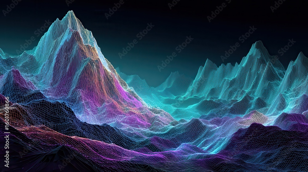 Aufkleber ai-controlled mountain range with neon-lit peaks shifting in response to data flow, futuristic digit
