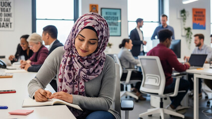 Hijabi woman focused while writing in inclusive office environment