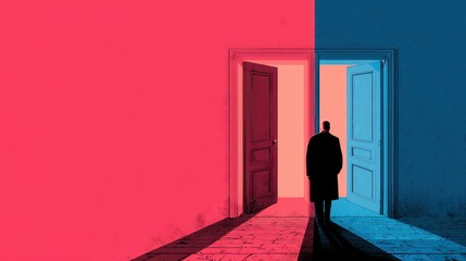 Silhouette facing two open doors, contrasting red and blue walls