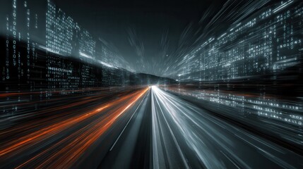 Digital data flow on road in concept of cyber global communication and coding with graphic creating vision of fast speed transfer to show agile digital transformation disruptive.