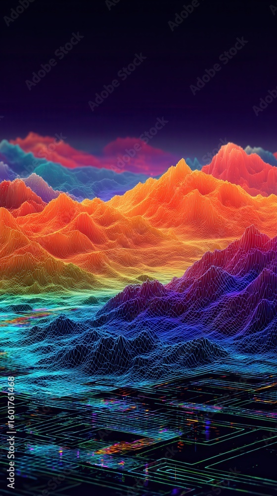 Poster multicolor glowing data over abstract digital landscape. based on generative ai.