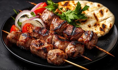 Grilled shashlik on black plate, showcasing marinated meat skewers served with vegetables and flatbread
