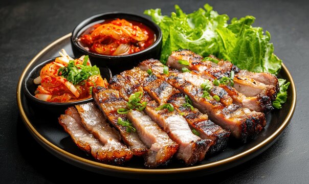 Delicious samgyeopsal grilled pork belly served with kimchi and fresh lettuce