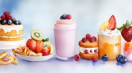 Watercolor painting of cakes, cookies, and fruit snacks in soft pastel tones