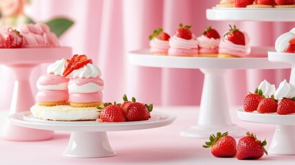 Whimsical dessert display with strawberry treats on pastel gradient background