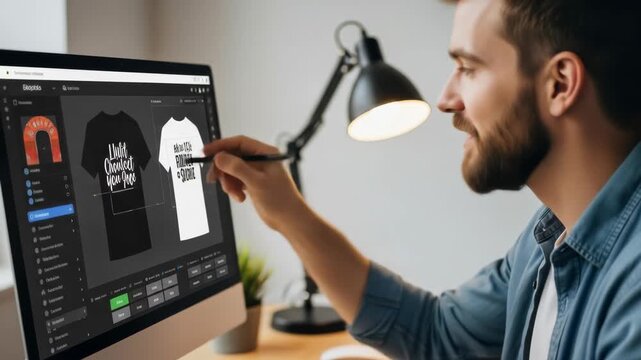 Man Designs T-Shirt on Computer Screen