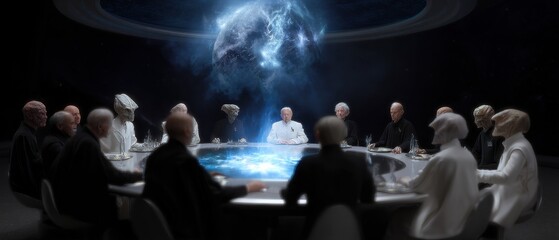 Futuristic galactic council meeting with holographic technology in space setting