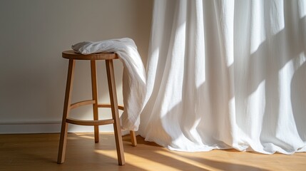 White fabric cascading over stool legs, natural light highlighting textures