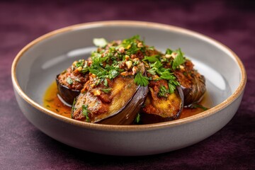 Fototapeta premium Imam Bayildi; eggplant stuffed with vegetables in olive oil served on a plum purple background