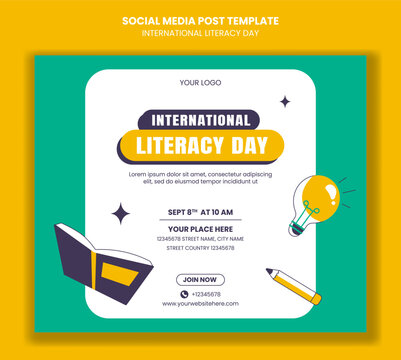 Social Media Post Layout for World Literacy Day with Cartoon Hand-Drawn Vector Elements - Powered by Adobe