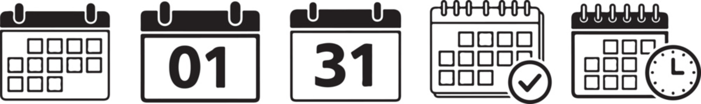 Set of calendar icons representing dates and time isolated on transparent background