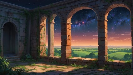 ゲーム背景　古代遺跡の廃墟となったお城の壁と自然風景と星空