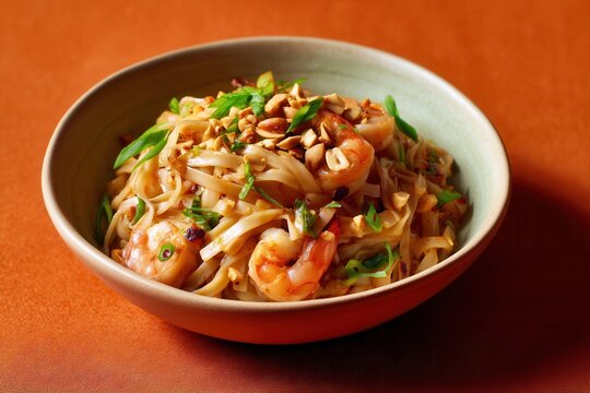 Pad thai with shrimp and peanuts in a light ceramic bowl on a terracotta background