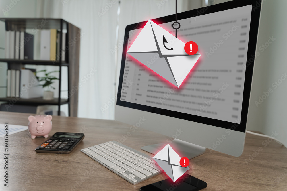 Aufkleber phishing mail computer monitor displays email alert with warning icons, surrounded by keyboard, calc