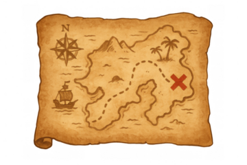 Vintage watercolor treasure map revealing hidden route, marked red x, transparent overlay, weathered parchment texture